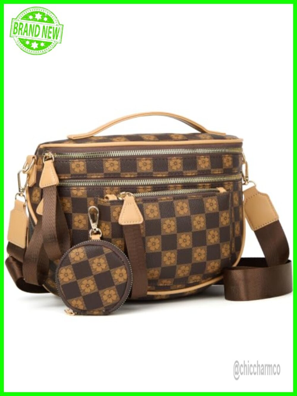 Vegan Leather Checkered Crossbody Bum Bag with Pouch Adjustable Strap